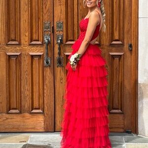 Camille La Vie Red Tiered Tulle Prom Dress